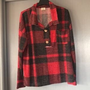 Blue Buttercup Womens Red black Buffalo Check Plaid L Pullover Tunic Sleeves